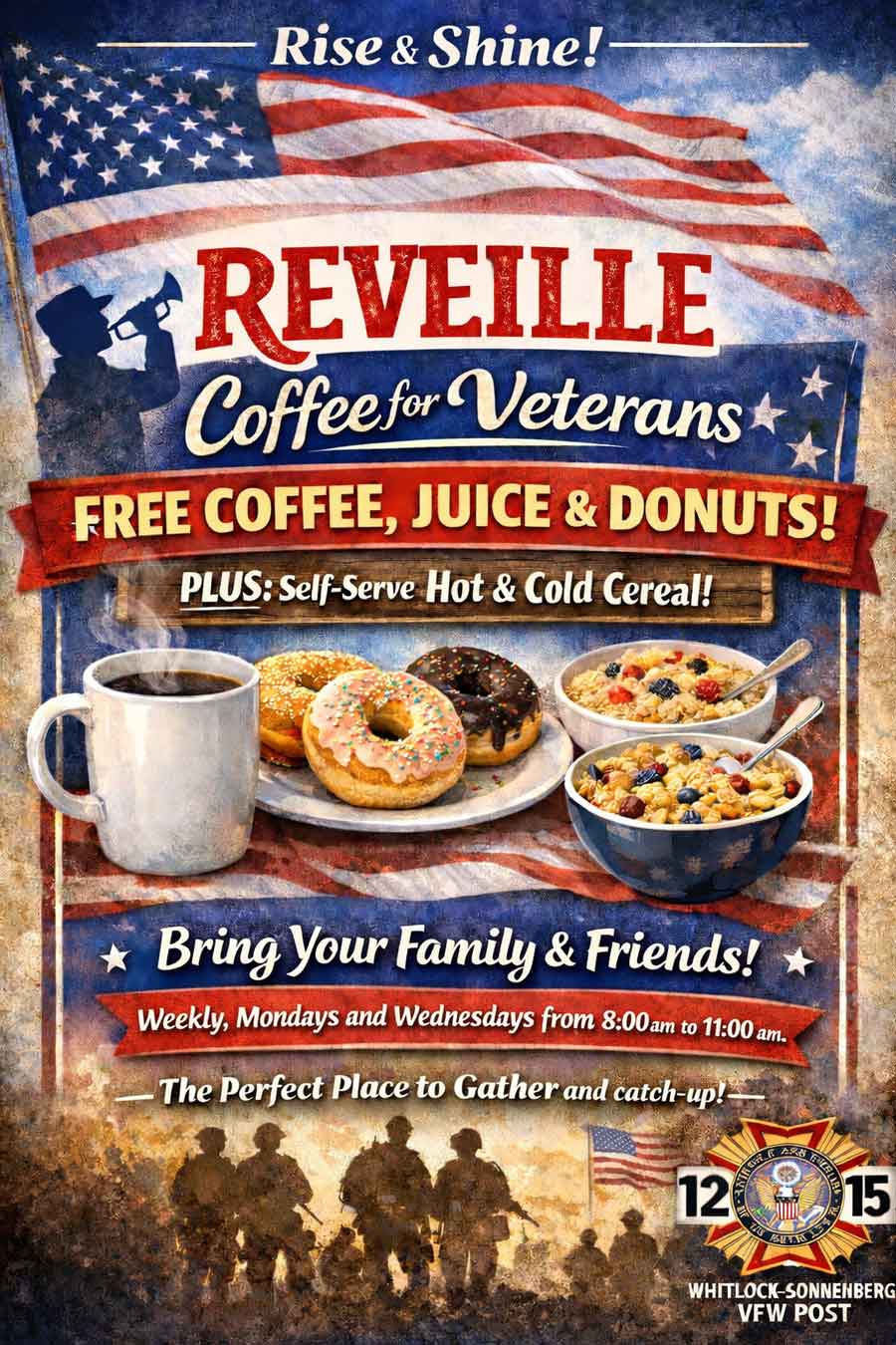 Poster with coffee, donuts, cereal, and flag invites veterans to VFW 1215 Events for free breakfast.