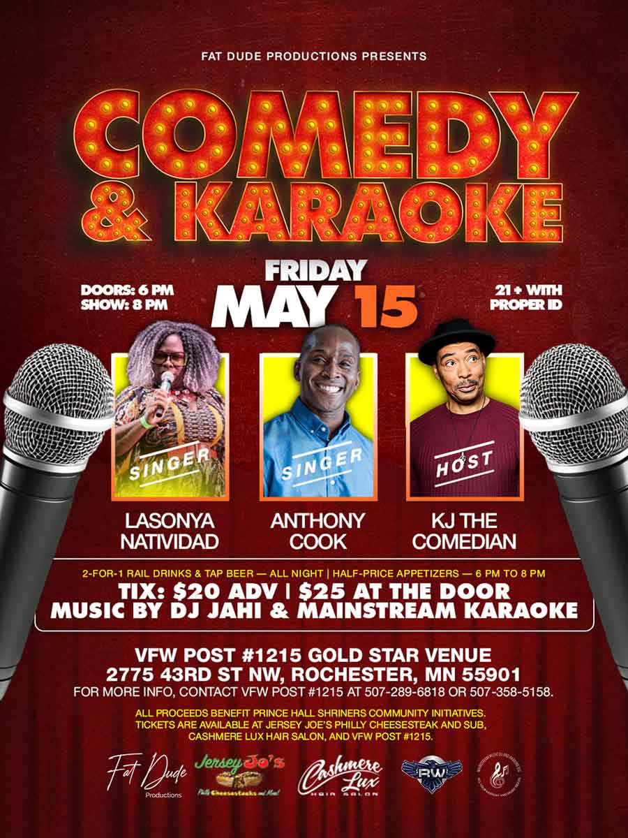 Comedy & Karaoke show poster with performers, event details, and VFW 1215 Events info.