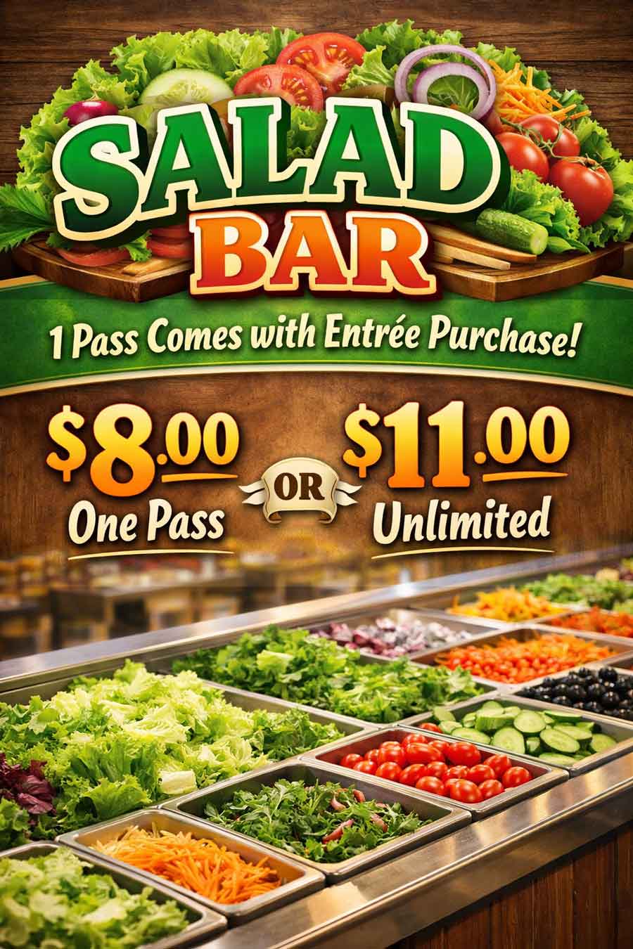 The Mess Hall Rochester: Colorful salad bar with fresh veggies, leafy greens, and unlimited passes.