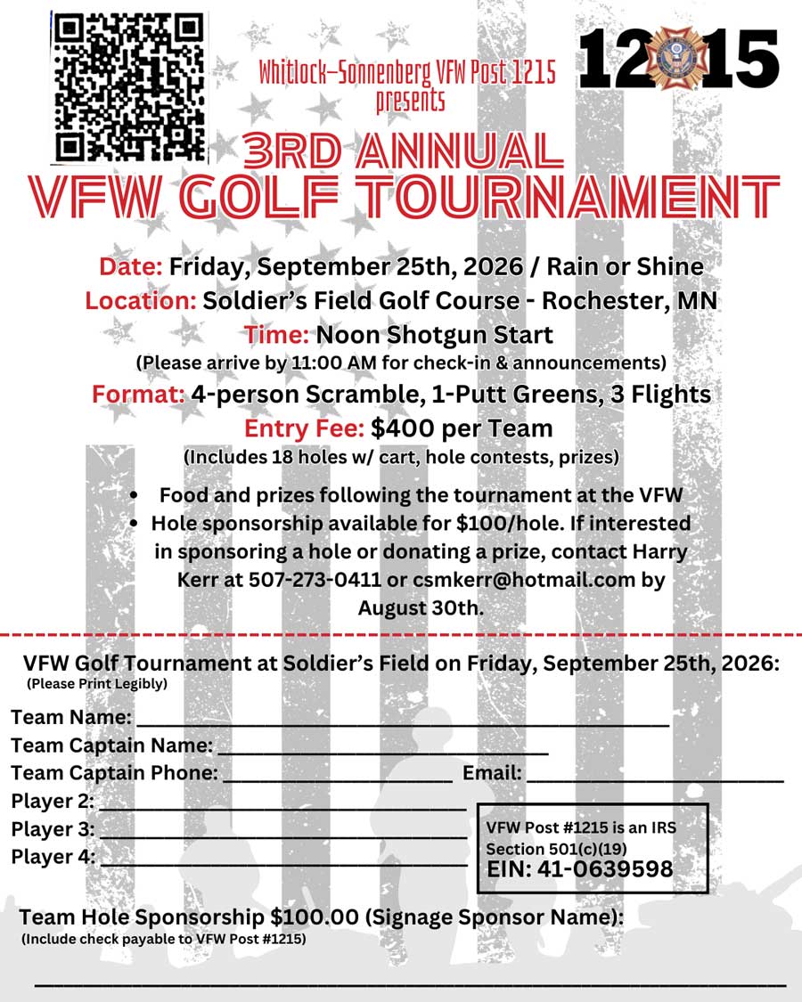 Flyer for VFW 1215 Events golf tournament with event details, contact info, and patriotic graphics.