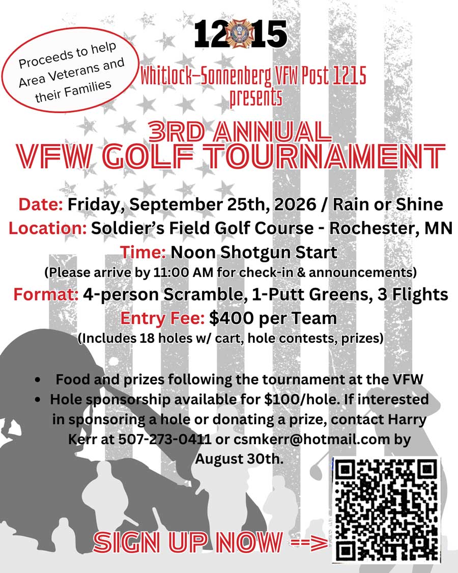 Flyer for a VFW 1215 Events golf tournament on Sept 25, 2026, in Rochester, MN. Event details inside.