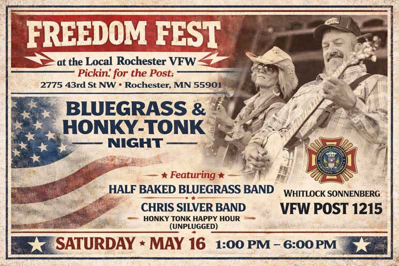 Vintage poster for Freedom Fest with bluegrass musicians at Rochester VFW 1215 Events.