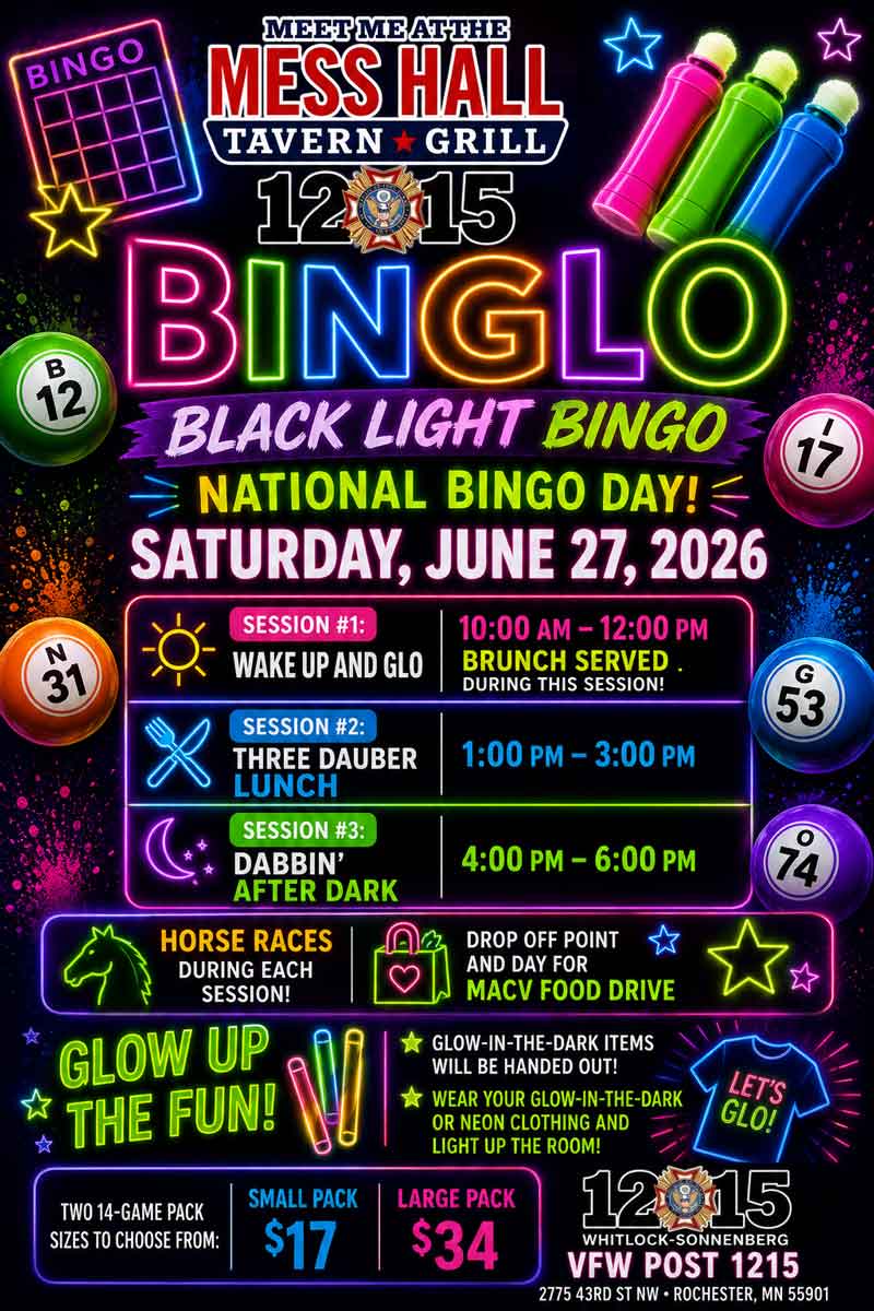 Colorful poster for Black Light Bingo, part of VFW 1215 Events, June 27 at Mess Hall Tavern & Grill.